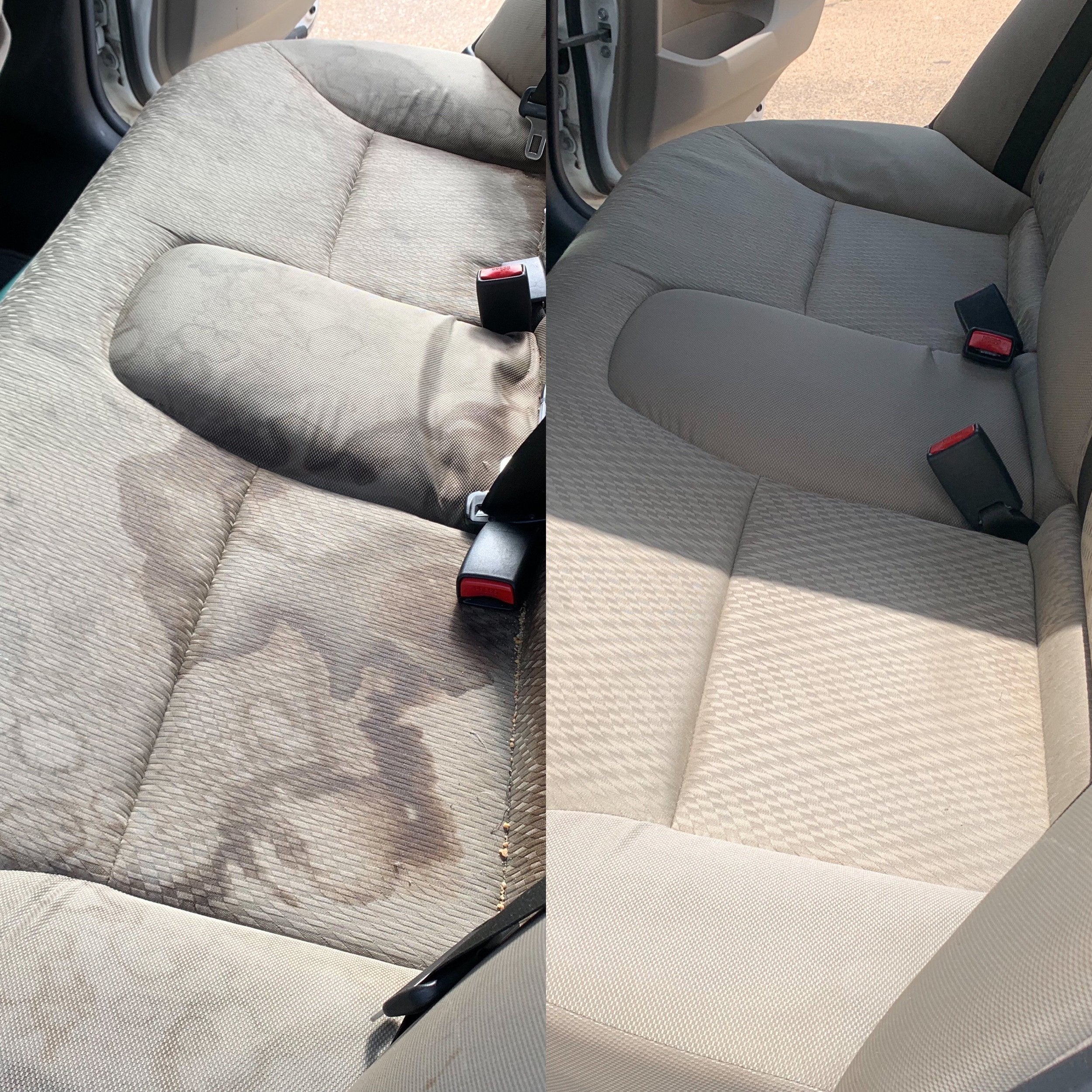Side-by-side comparison of a car seat: left side stained with spills, right side clean after detailing.