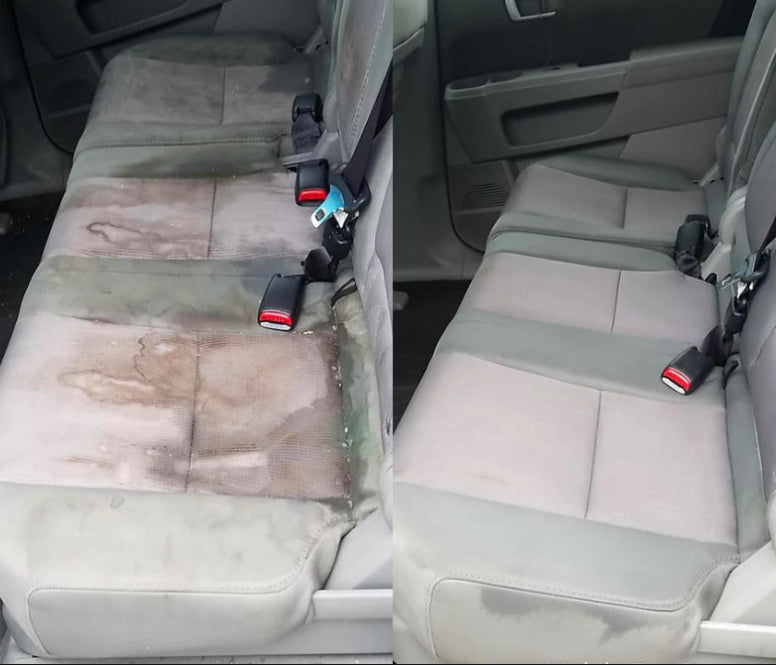 Side-by-side comparison: stained car seats before cleaning and spotless seats after interior detailing.