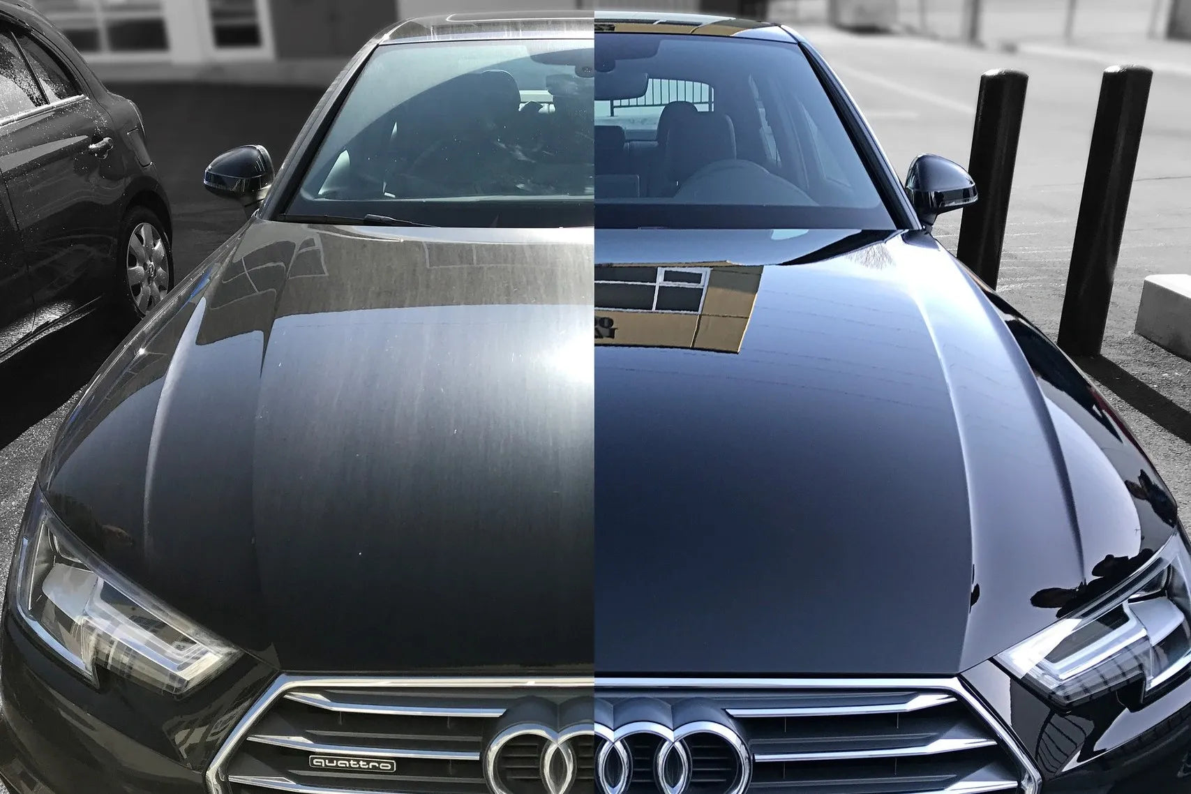 Car paint with noticeable scratches before correction, and smooth, scratch-free finish after detailing.